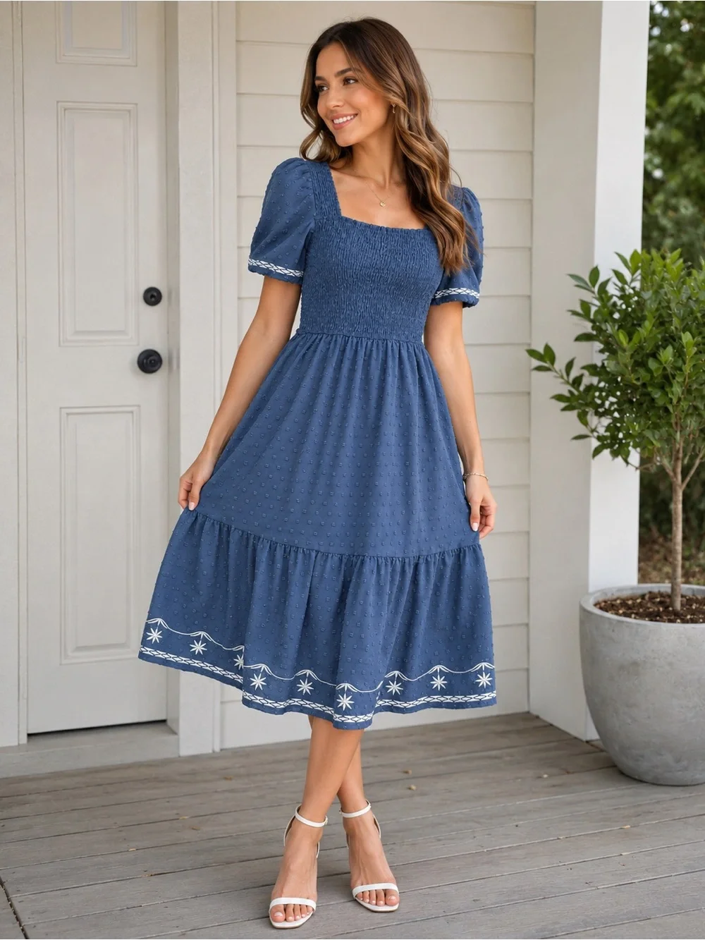 Girls Navy Blue Embroidered Smocked Dress